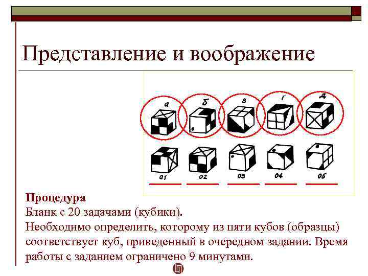 Представление и воображение Процедура Бланк с 20 задачами (кубики). Необходимо определить, которому из пяти