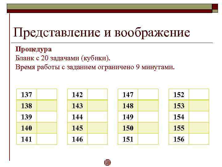 Представление и воображение Процедура Бланк с 20 задачами (кубики). Время работы с заданием ограничено