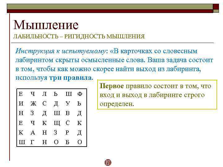 Мышление ЛАБИЛЬНОСТЬ – РИГИДНОСТЬ МЫШЛЕНИЯ Инструкция к испытуемому: «В карточках со словесным лабиринтом скрыты