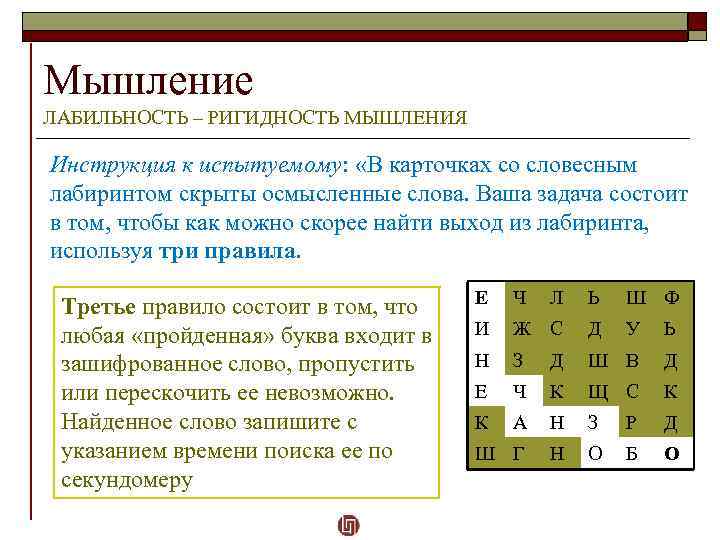 Мышление ЛАБИЛЬНОСТЬ – РИГИДНОСТЬ МЫШЛЕНИЯ Инструкция к испытуемому: «В карточках со словесным лабиринтом скрыты