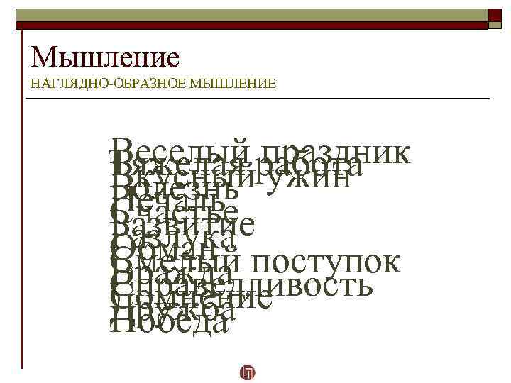 Мышление НАГЛЯДНО-ОБРАЗНОЕ МЫШЛЕНИЕ Веселый праздник Тяжелая работа Вкусный ужин Болезнь Печаль Счастье Развитие Разлука