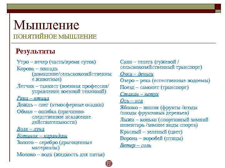 Мышление ПОНЯТИЙНОЕ МЫШЛЕНИЕ Результаты Утро – вечер (часть/время суток) Корова – лошадь (домашние/сельскохозяйственны е