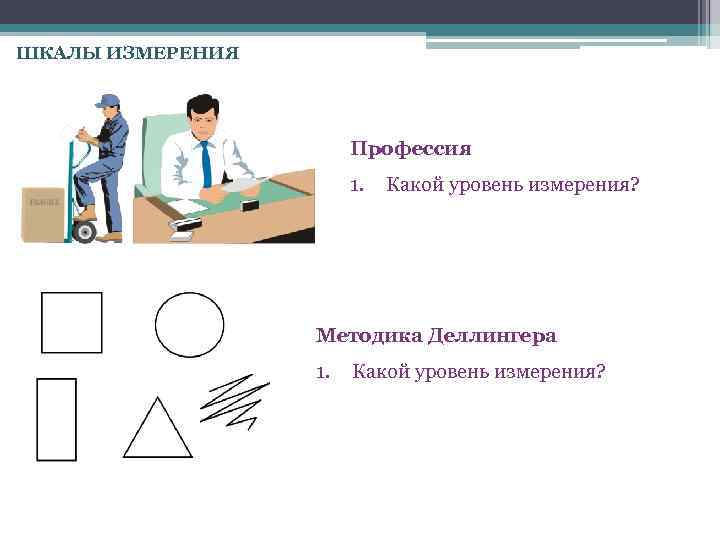 ШКАЛЫ ИЗМЕРЕНИЯ Профессия 1. Какой уровень измерения? Методика Деллингера 1. Какой уровень измерения? 