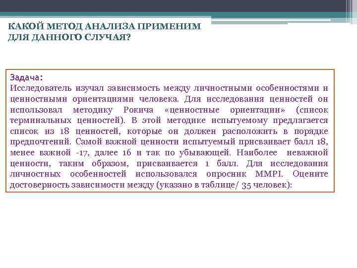 КАКОЙ МЕТОД АНАЛИЗА ПРИМЕНИМ ДЛЯ ДАННОГО СЛУЧАЯ? Задача: Исследователь изучал зависимость между личностными особенностями