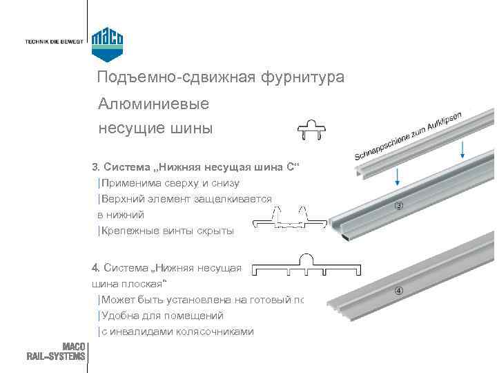 Подъемно-сдвижная фурнитура Алюминиевые несущие шины 3. Система „Нижняя несущая шина C“ | Применима сверху