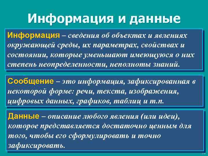 Информация и данные Информация – сведения об объектах и явлениях окружающей среды, их параметрах,