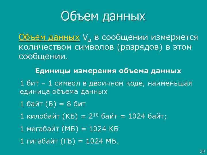 Объем данных Vд в сообщении измеряется количеством символов (разрядов) в этом сообщении. Единицы измерения