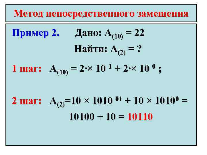 Метод непосредственного замещения Пример 2. Дано: А(10) = 22 Найти: А(2) = ? 1
