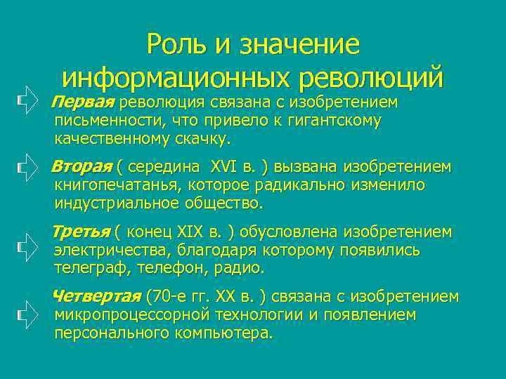 Роль и значение информационных революций Первая революция связана с изобретением письменности, что привело к