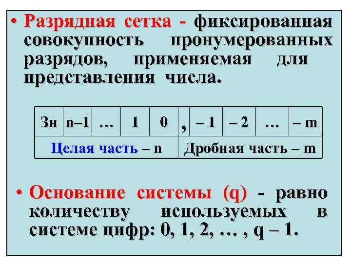  • Разрядная сетка - фиксированная совокупность пронумерованных разрядов, применяемая для представления числа. Зн
