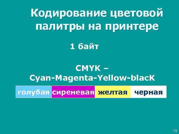 Кодирование цветовой палитры на принтере 1 байт CMYK – Cyan-Magenta-Yellow-blac. K голубая сиреневая желтая