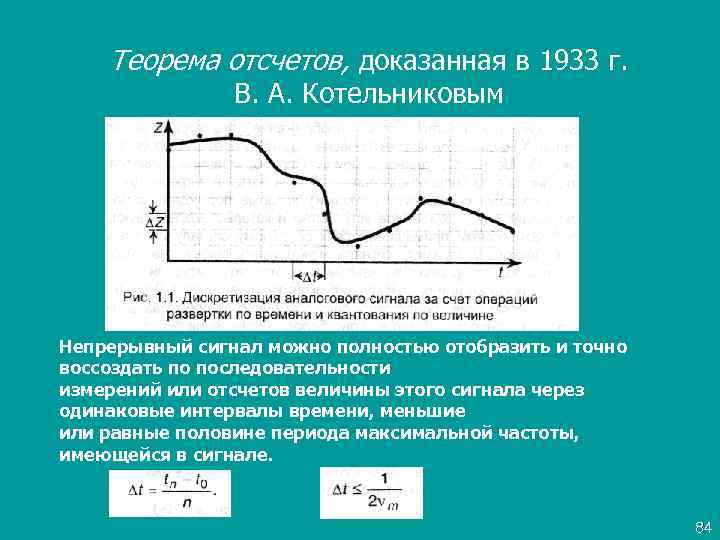 Теорема отсчетов, доказанная в 1933 г. В. А. Котельниковым Непрерывный сигнал можно полностью отобразить