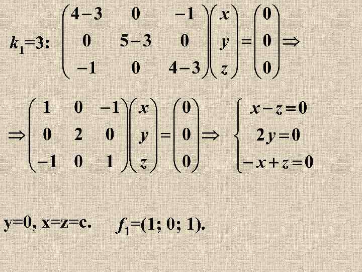 k 1=3: y=0, x=z=c. f 1=(1; 0; 1). 