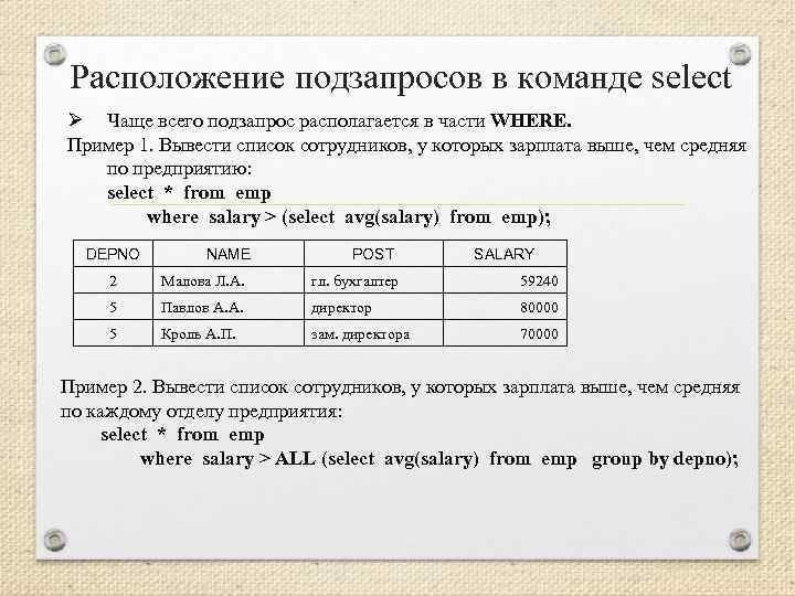 Расположение подзапросов в команде select Ø Чаще всего подзапрос располагается в части WHERE. Пример