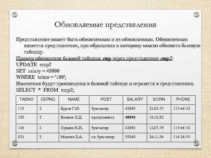 Обновляемые представления Представление может быть обновляемым и не обновляемым. Обновляемым является представление, при обращении