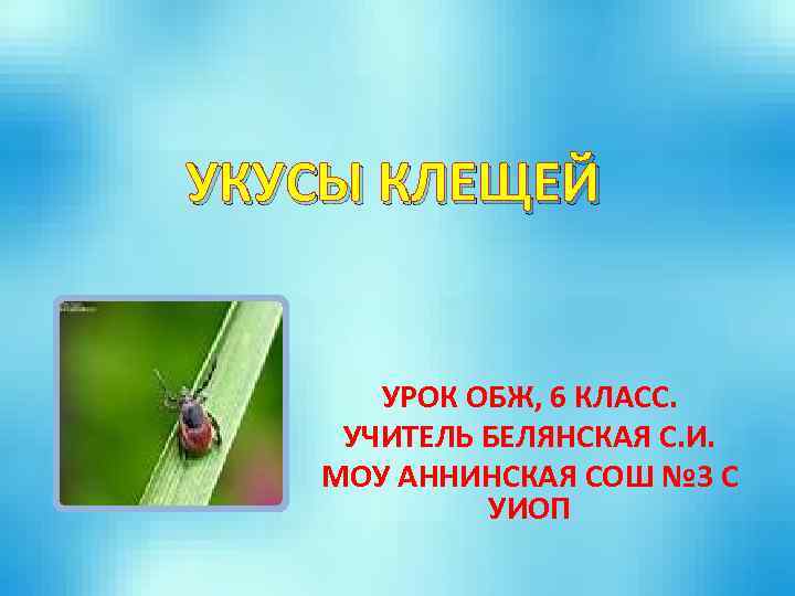 УКУСЫ КЛЕЩЕЙ УРОК ОБЖ, 6 КЛАСС. УЧИТЕЛЬ БЕЛЯНСКАЯ С. И. МОУ АННИНСКАЯ СОШ №