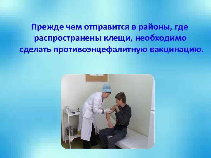 Прежде чем отправится в районы, где распространены клещи, необходимо сделать противоэнцефалитную вакцинацию. 