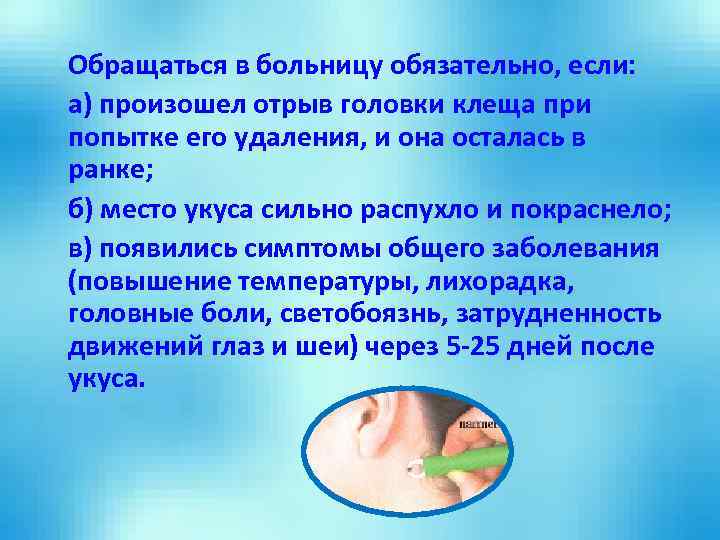 Обращаться в больницу обязательно, если: а) произошел отрыв головки клеща при попытке его удаления,