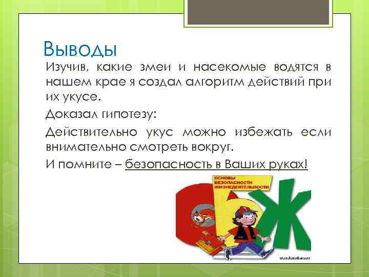 Выводы Изучив, какие змеи и насекомые водятся в нашем крае я создал алгоритм действий
