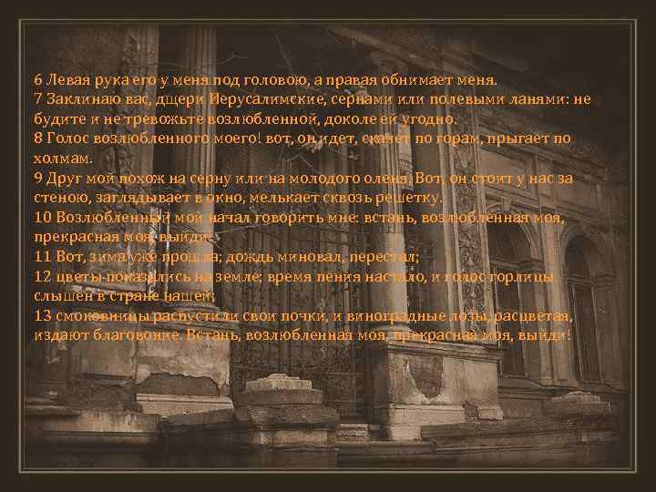 6 Левая рука его у меня под головою, а правая обнимает меня. 7 Заклинаю