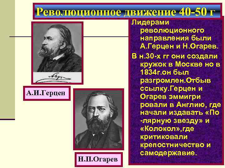 Революционное движение 40 -50 г А. И. Герцен Н. П. Огарев Лидерами революционного направления