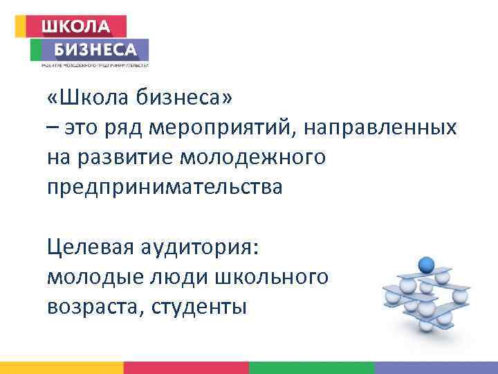  «Школа бизнеса» – это ряд мероприятий, направленных на развитие молодежного предпринимательства Целевая аудитория: