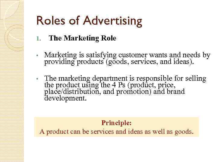 Roles of Advertising 1. The Marketing Role • Marketing is satisfying customer wants and