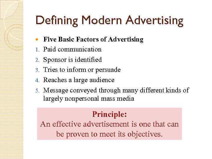 Defining Modern Advertising 1. 2. 3. 4. 5. Five Basic Factors of Advertising Paid