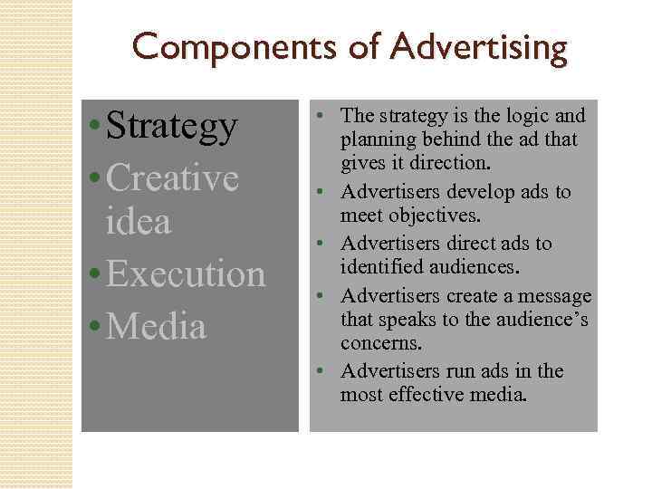 Components of Advertising • Strategy • Creative idea • Execution • Media • The