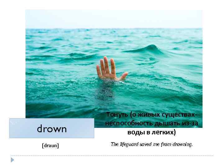 drown Тонуть (о живых существахнеспособность дышать из-за воды в легких) [draun] The lifeguard saved