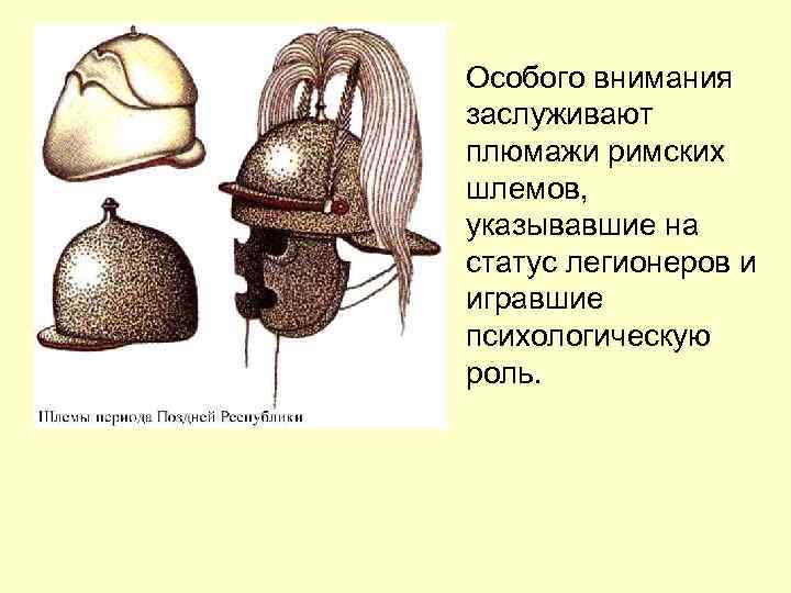 Особого внимания заслуживают плюмажи римских шлемов, указывавшие на статус легионеров и игравшие психологическую роль.