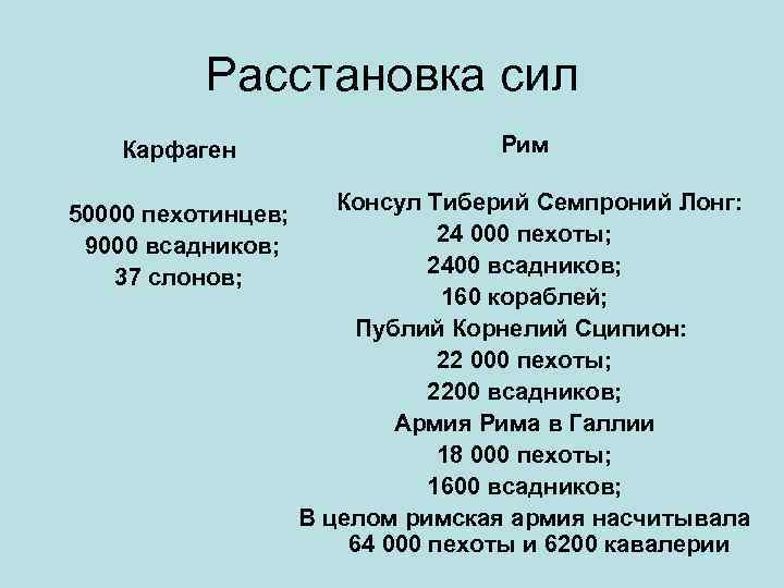 Расстановка сил Карфаген 50000 пехотинцев; 9000 всадников; 37 слонов; Рим Консул Тиберий Семпроний Лонг: