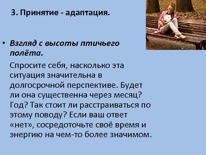 3. Принятие - адаптация. • Взгляд с высоты птичьего полёта. Спросите себя, насколько эта