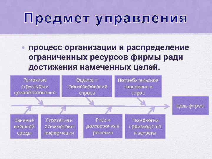 Предмет управления • процесс организации и распределение ограниченных ресурсов фирмы ради достижения намеченных целей.