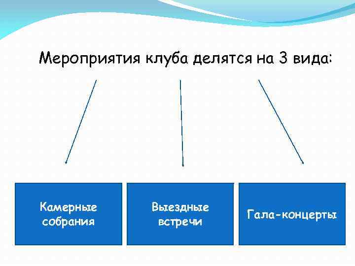 Мероприятия клуба делятся на 3 вида: Камерные собрания Выездные встречи Гала-концерты 