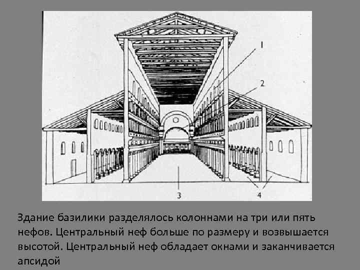 Здание базилики разделялось колоннами на три или пять нефов. Центральный неф больше по размеру
