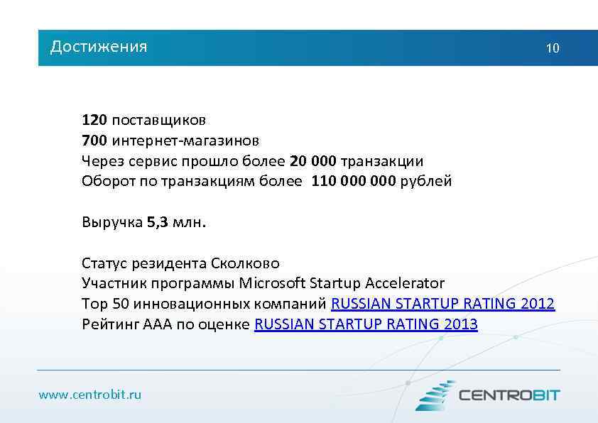 Достижения 10 120 поставщиков 700 интернет-магазинов Через сервис прошло более 20 000 транзакции Оборот