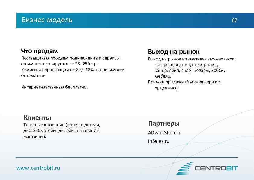 Бизнес-модель Что продам Поставщикам продаем подключение и сервисы – стоимость варьируется от 25 -