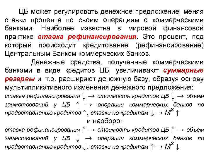  ЦБ может регулировать денежное предложение, меняя ставки процента по своим операциям с коммерческими