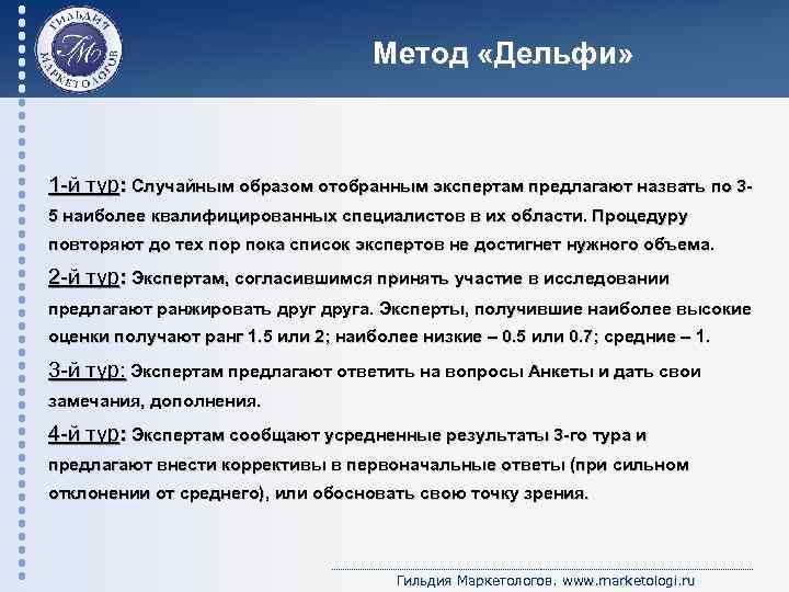 Метод «Дельфи» 1 -й тур: Случайным образом отобранным экспертам предлагают назвать по 35 наиболее