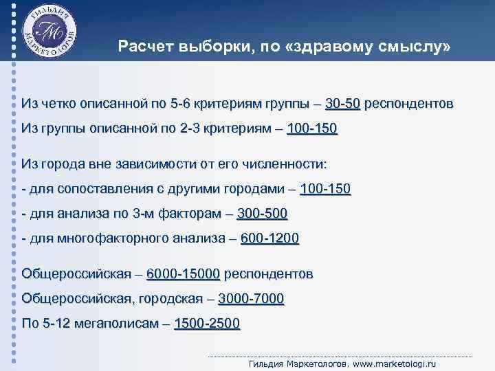 Расчет выборки, по «здравому смыслу» Из четко описанной по 5 -6 критериям группы –