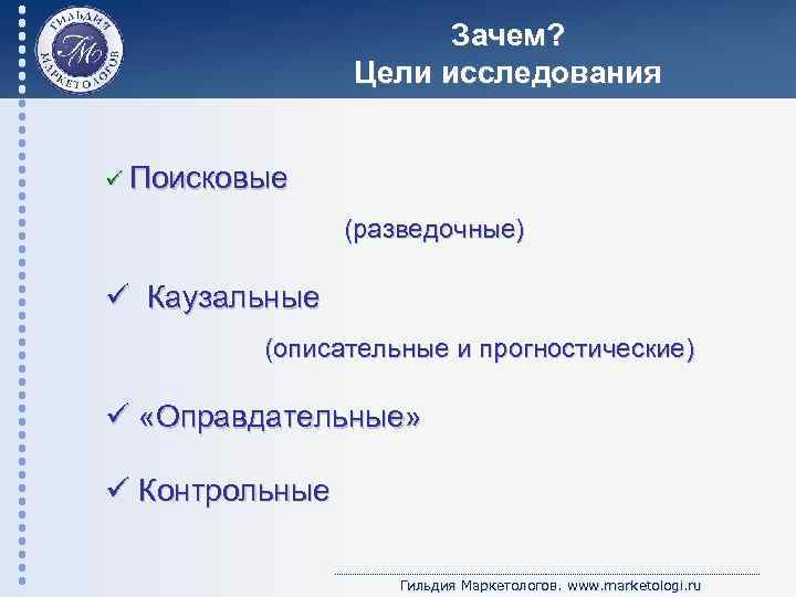 Зачем? Цели исследования ü Поисковые (разведочные) ü Каузальные (описательные и прогностические) ü «Оправдательные» ü