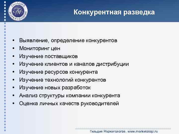 Конкурентная разведка • • • Выявление, определение конкурентов Мониторинг цен Изучение поставщиков Изучение клиентов