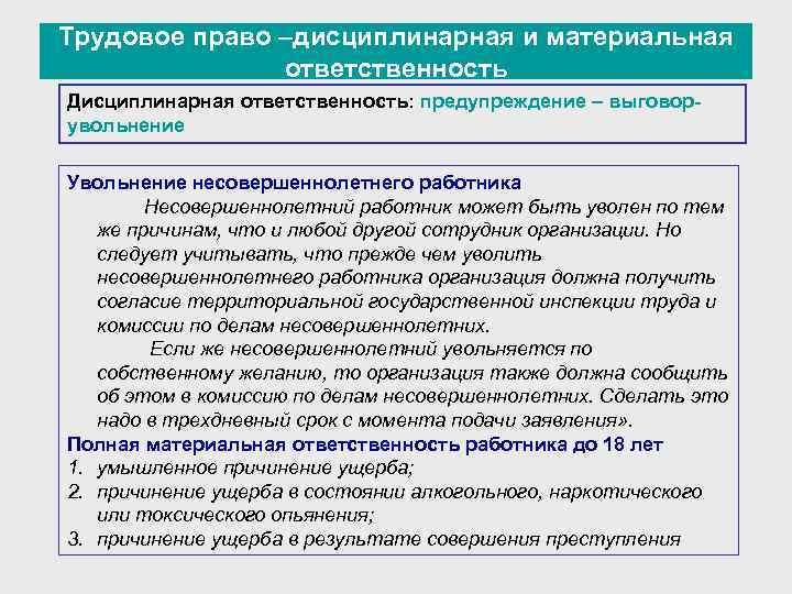 Трудовое право –дисциплинарная и материальная ответственность Дисциплинарная ответственность: предупреждение – выговор- увольнение Увольнение несовершеннолетнего