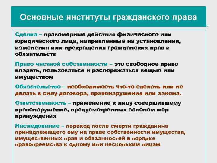 Основные институты гражданского права Сделка – правомерные действия физического или юридического лица, направленные на