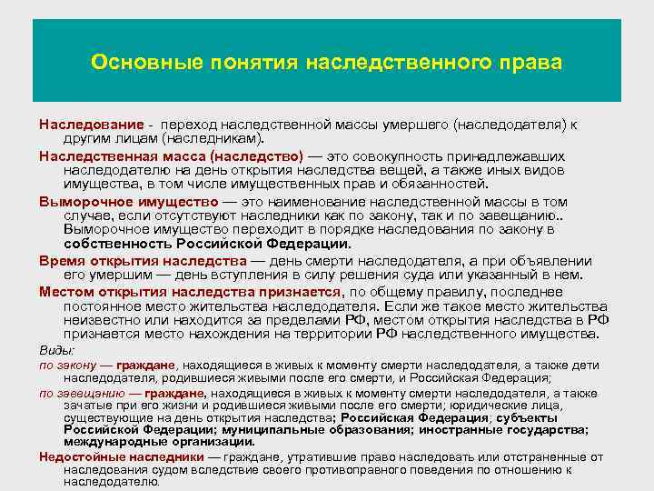 Основные понятия наследственного права Наследование - переход наследственной массы умершего (наследодателя) к другим лицам