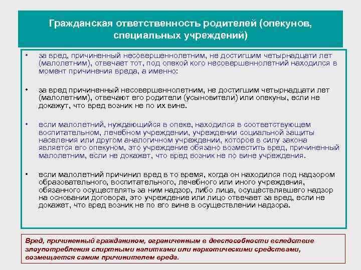 Гражданская ответственность родителей (опекунов, специальных учреждений) • за вред, причиненный несовершеннолетним, не достигшим четырнадцати