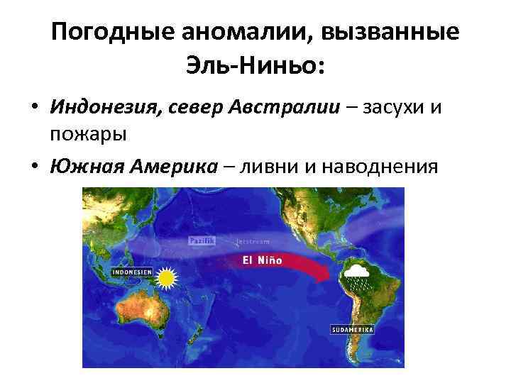 Погодные аномалии, вызванные Эль-Ниньо: • Индонезия, север Австралии – засухи и пожары • Южная