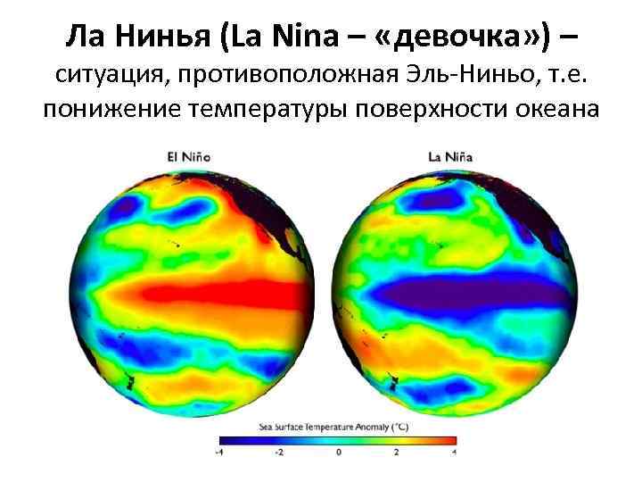 Ла Нинья (La Nina – «девочка» ) – ситуация, противоположная Эль-Ниньо, т. е. понижение