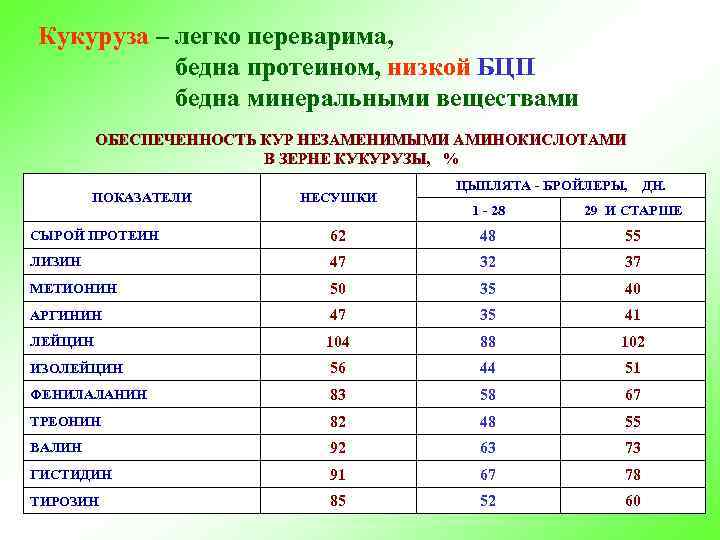 Кукуруза – легко переварима, бедна протеином, низкой БЦП бедна минеральными веществами ОБЕСПЕЧЕННОСТЬ КУР НЕЗАМЕНИМЫМИ